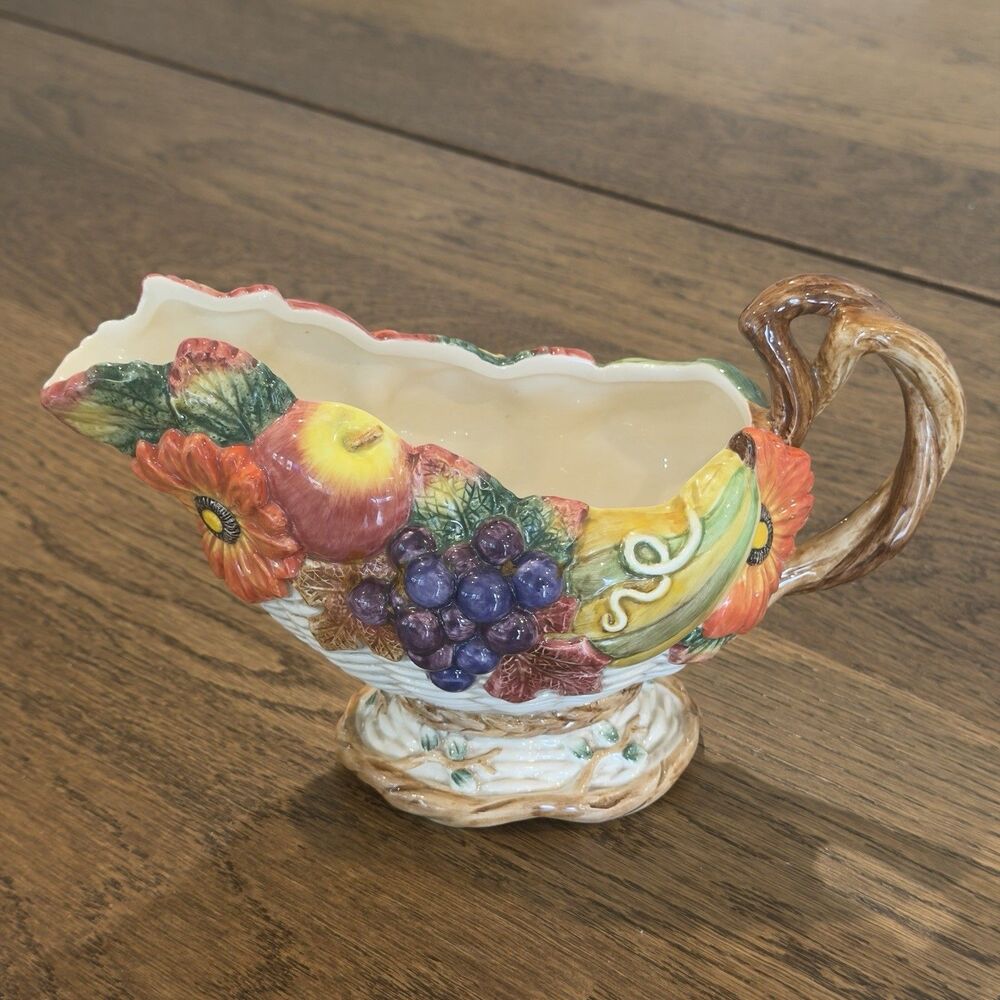 Fitz and Floyd Autumn Bounty Gravy Sauce Boat Fall Thanksgiving Fruit Ceramic